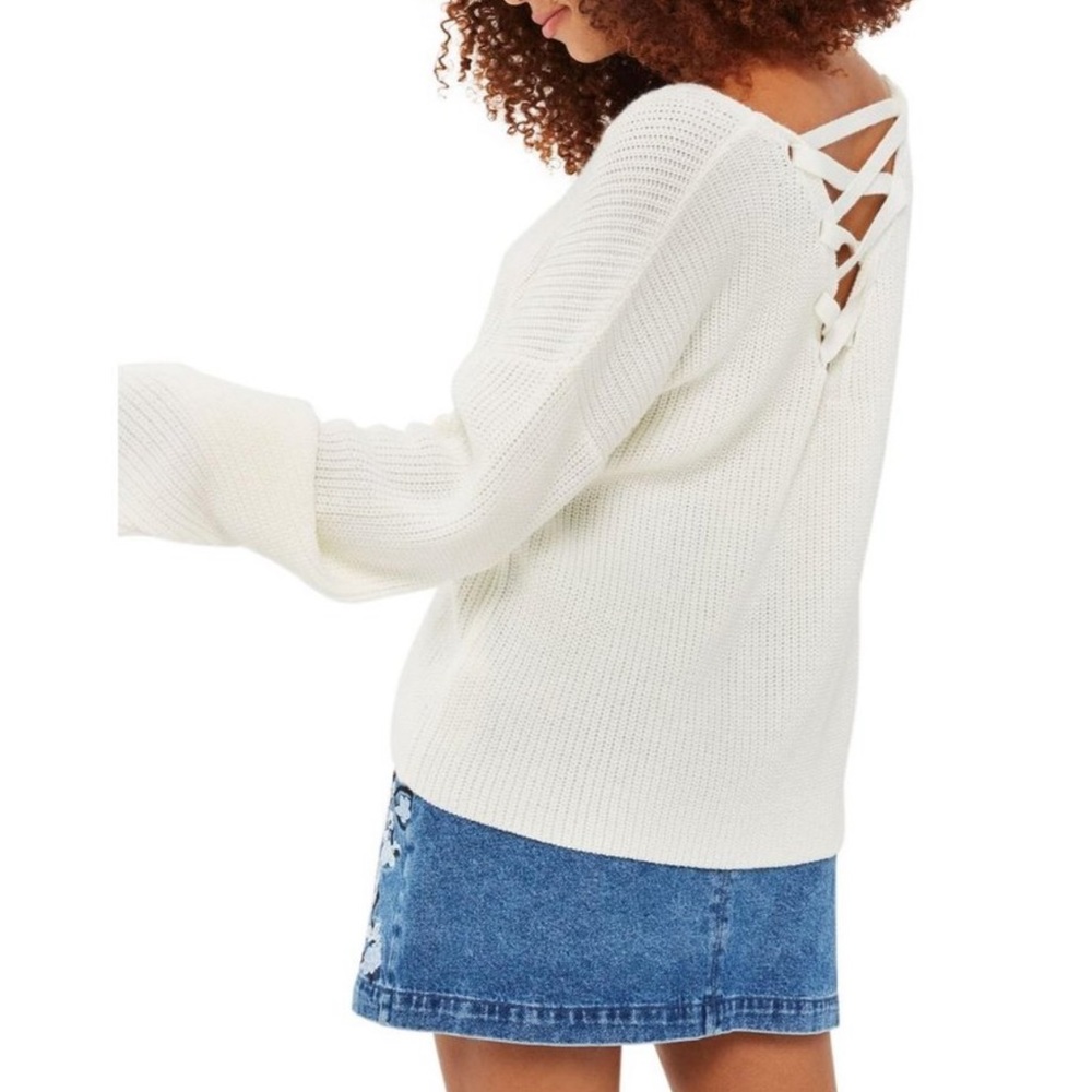 TOPSHOP Women's Cream Lattice Back Boxy Knit Long Bell Sleeve Sweater - Picture 2 of 3